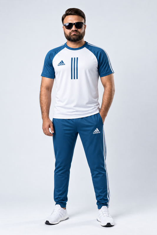 Men's White & Teal Blue Dual-Tone Athletic Tracksuit