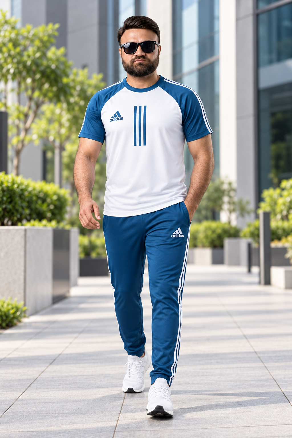 Men's White & Teal Blue Dual-Tone Athletic Tracksuit