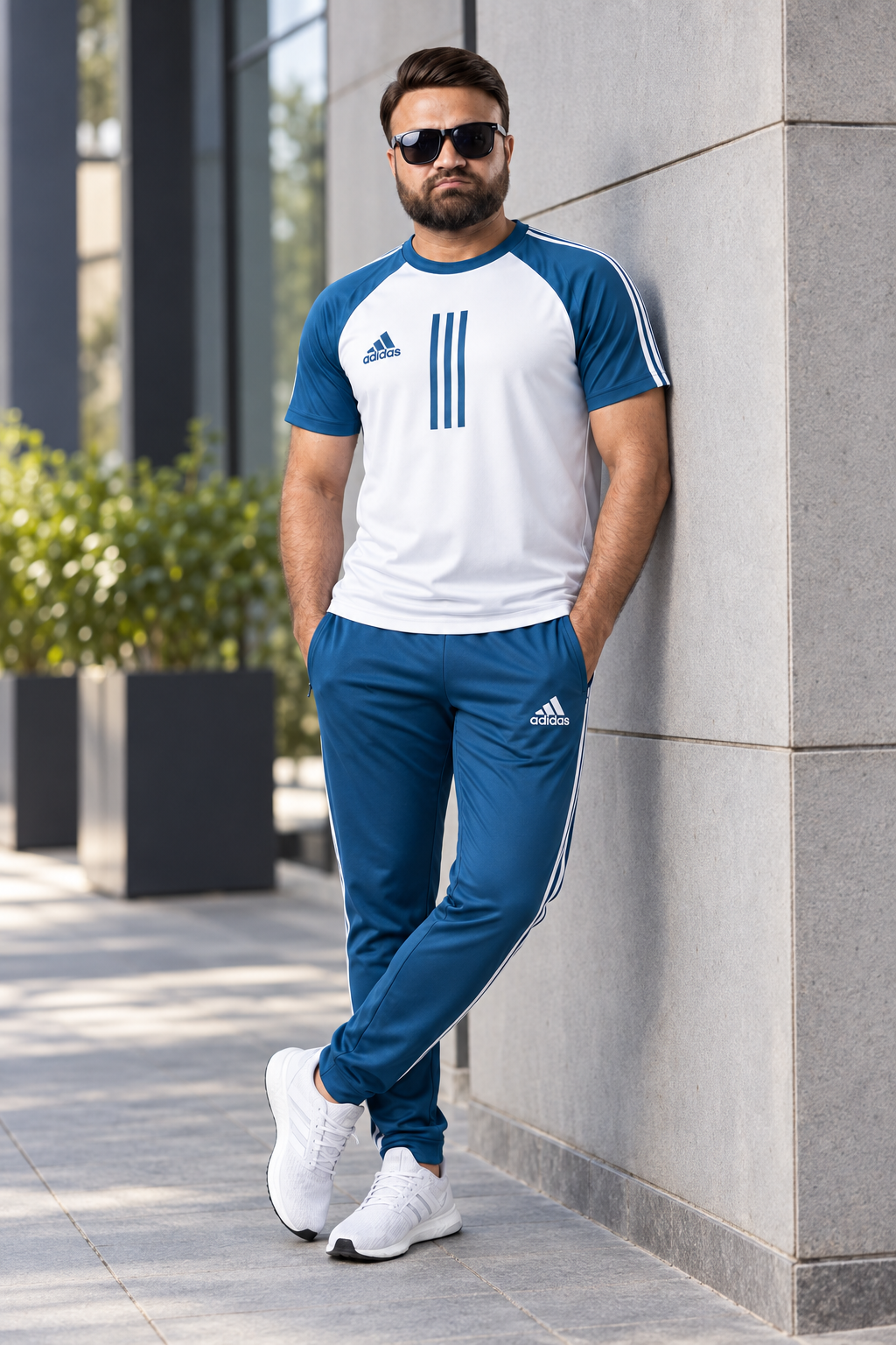 Men's White & Teal Blue Dual-Tone Athletic Tracksuit