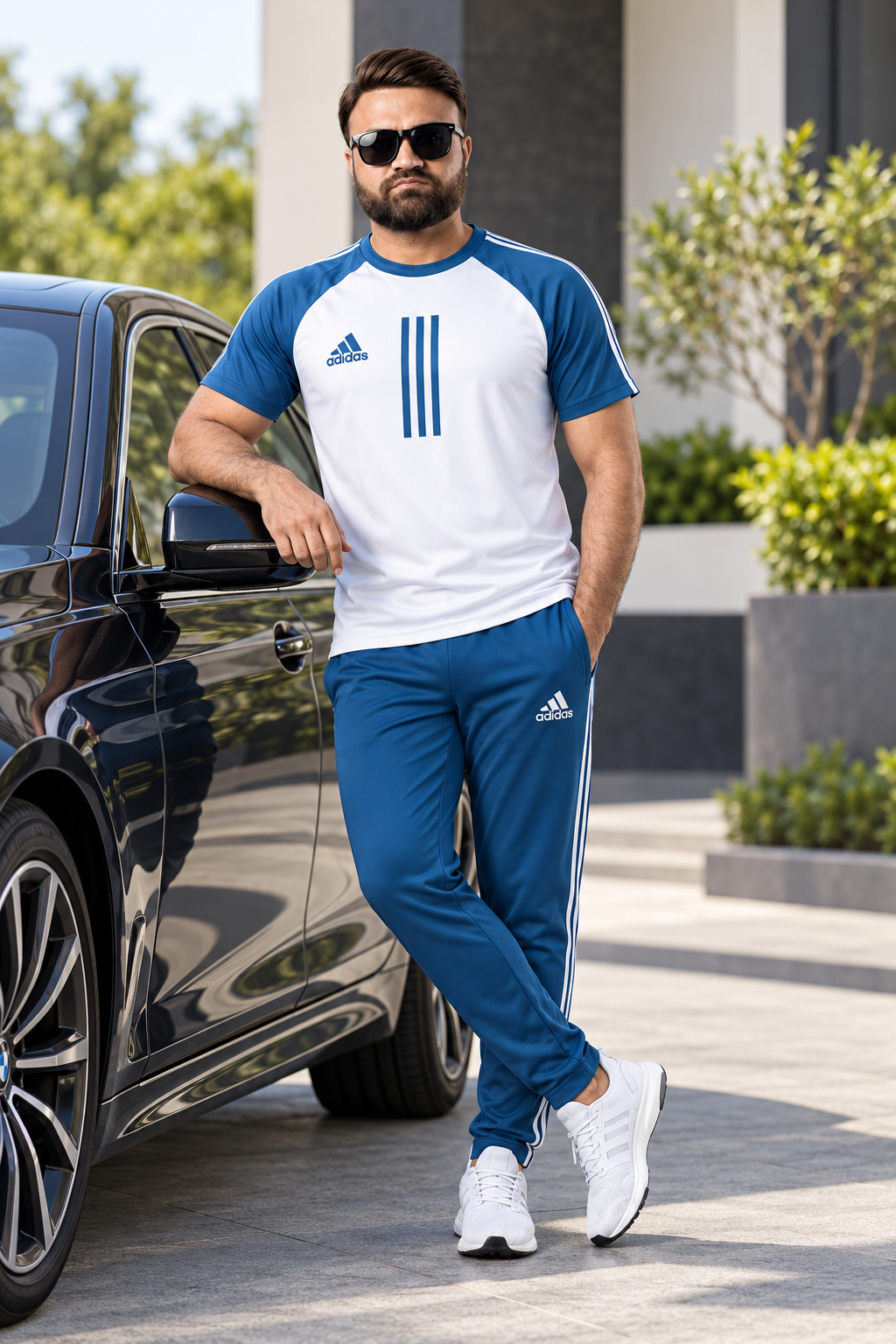 Men's White & Teal Blue Dual-Tone Athletic Tracksuit
